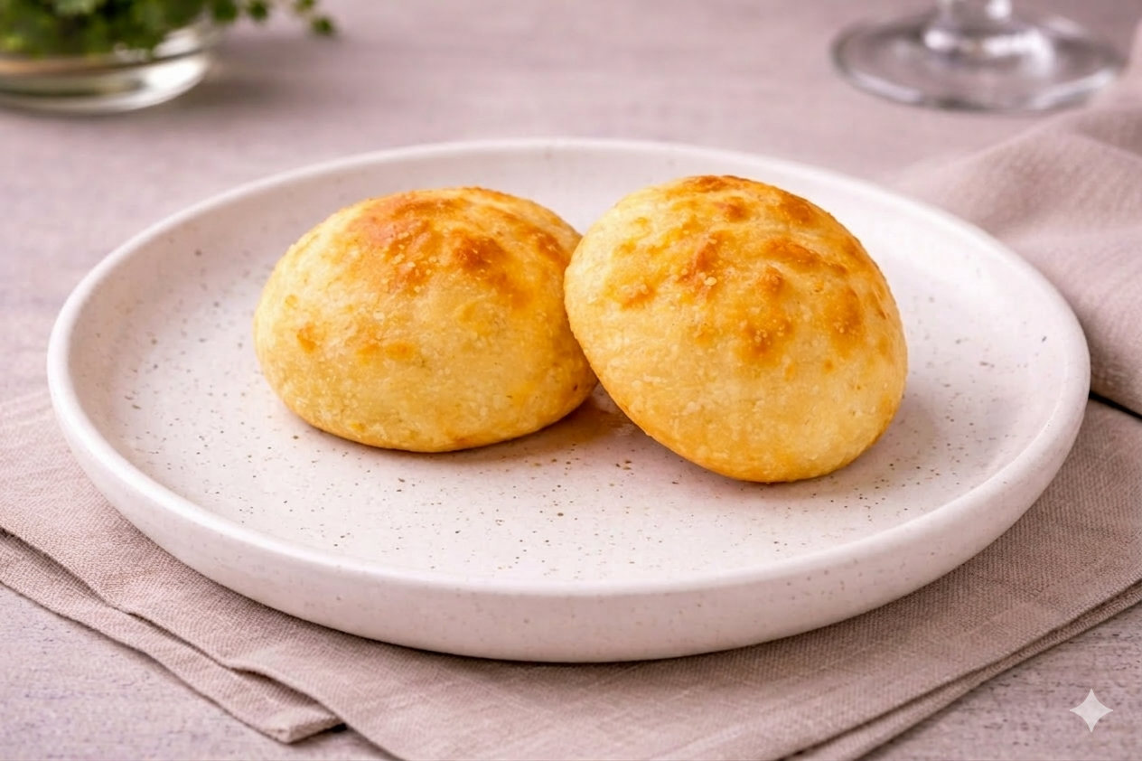 Pães de queijo dourados servidos em prato claro