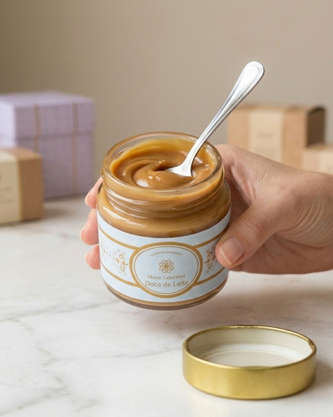 Pote de doce de leite Move Gourmet sendo segurado à mão